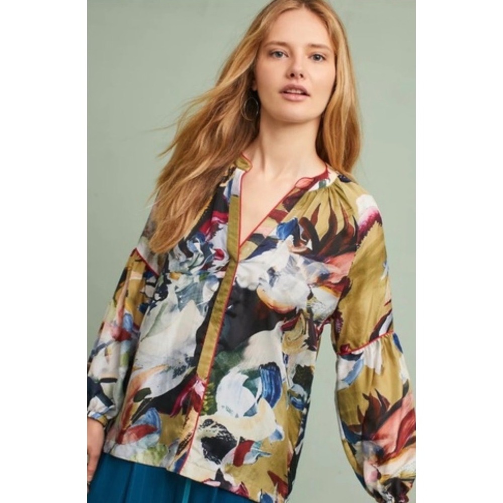 Vineet Bahl Anthropologie 100% Silk Abstract Floral Long Sleeve Blouse Size M